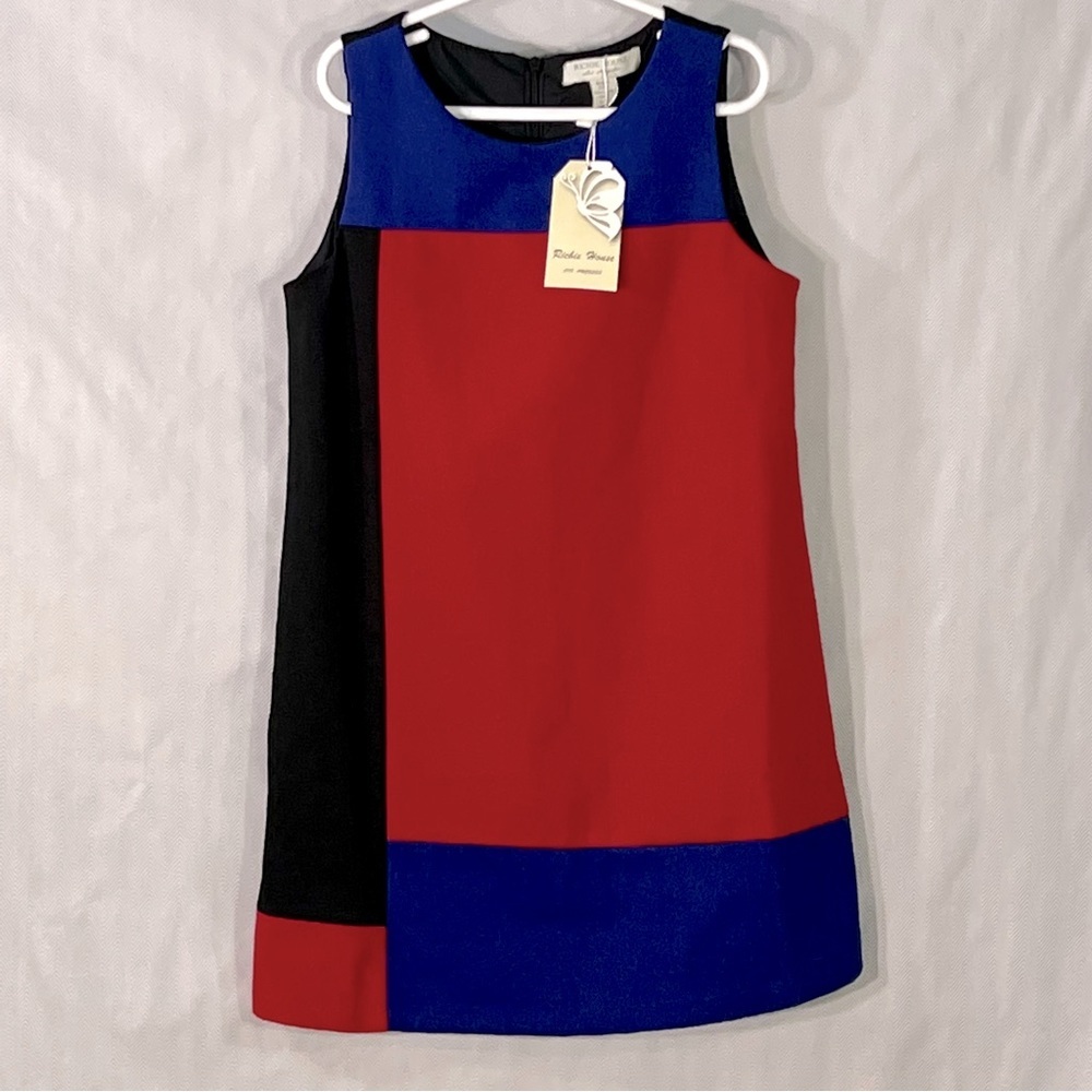 Richie House Girls Red Blue Black Color Block Cotton Knit  Dress Jumper 11/12👍